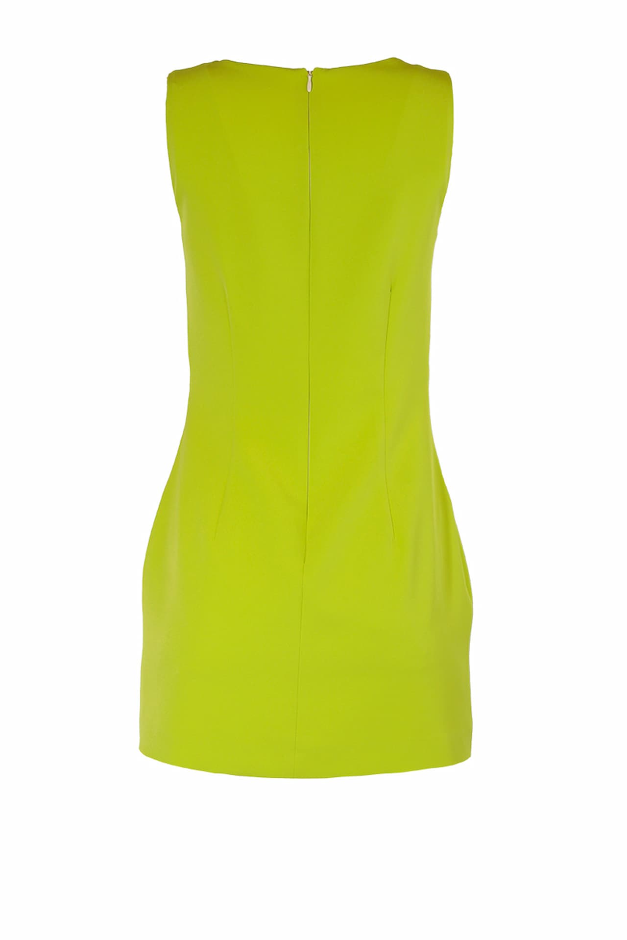 Vista costas de vestido curto verde com corte A e fecho de correr oculto. Modelo usa o tamanho S.