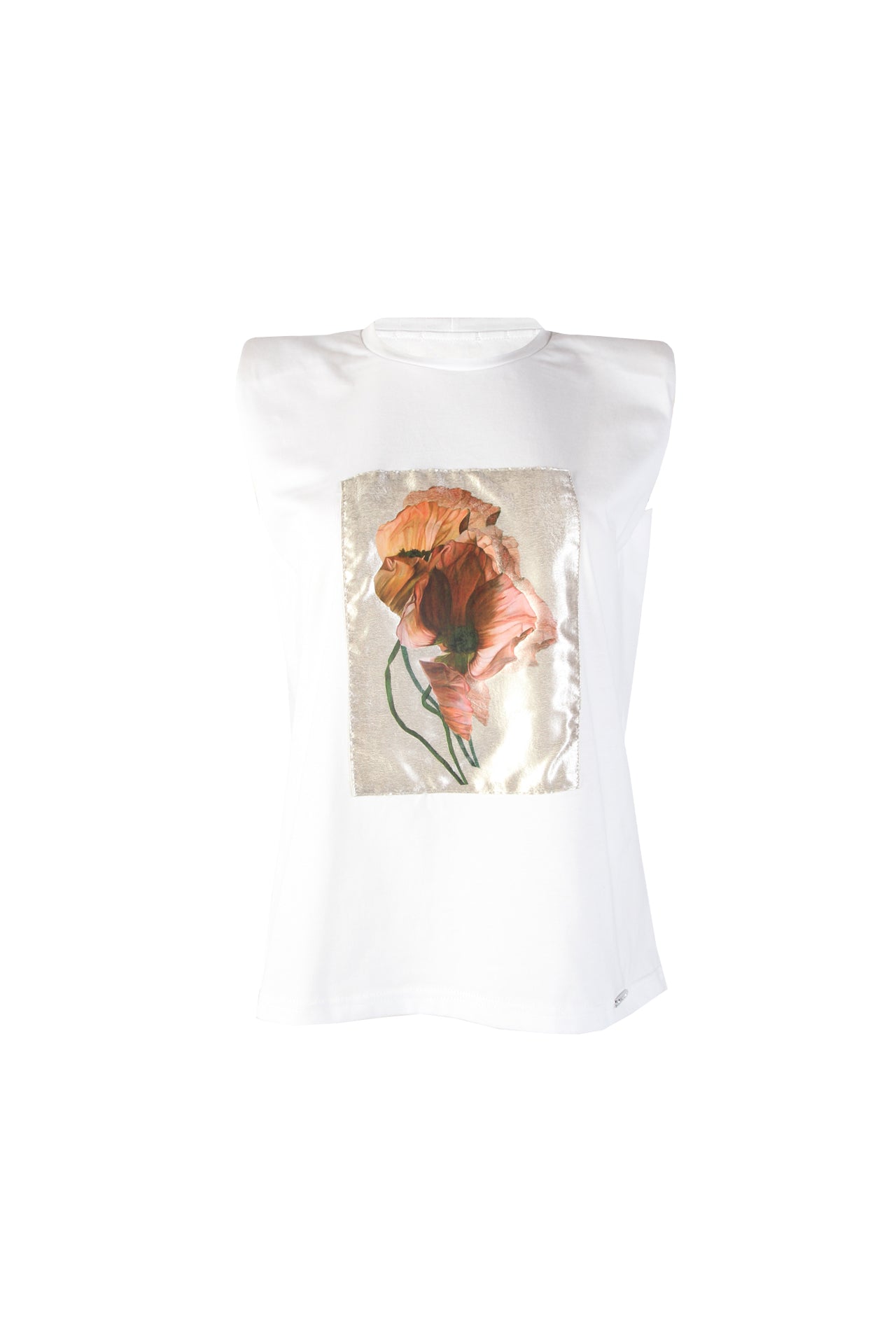 T-shirt com ombreiras estampada
