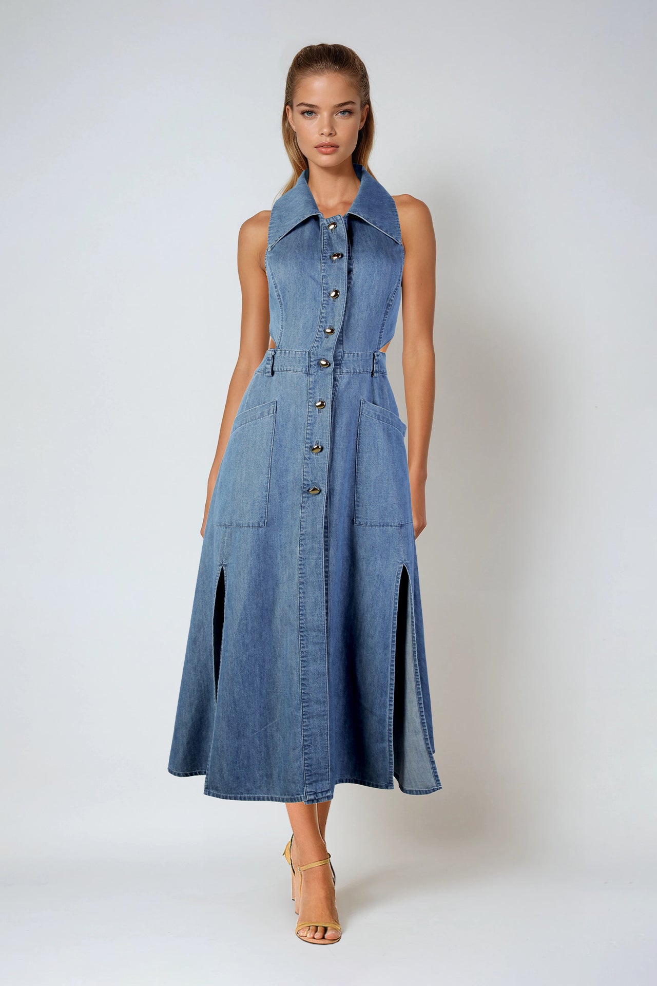 Vestido Midi em Ganga com Lapela