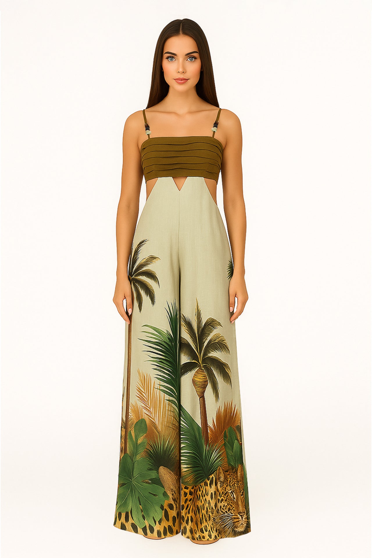 Macacão de Alças Finas com Estampa Tropical