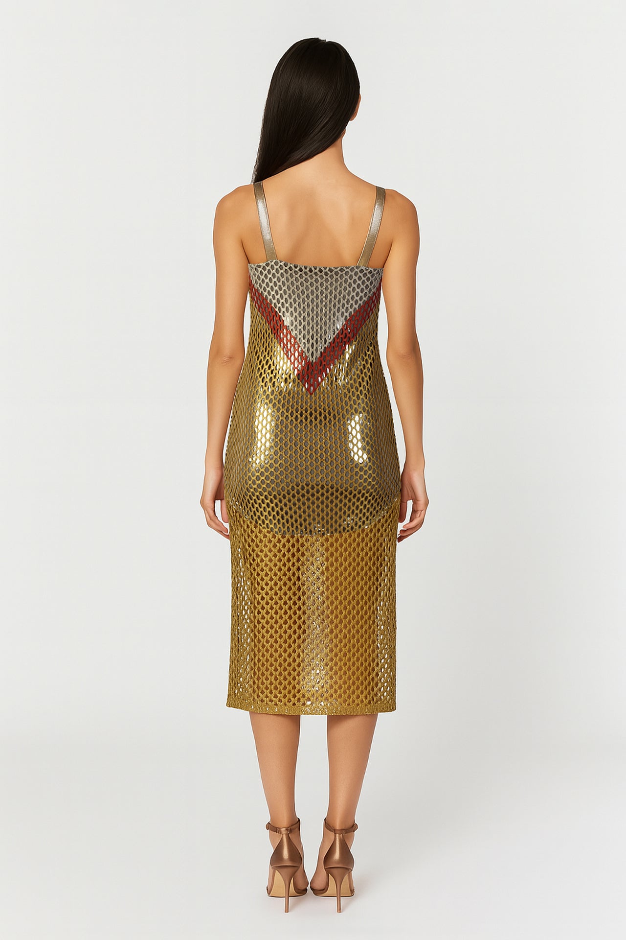 Vestido midi de rede metálica com forro