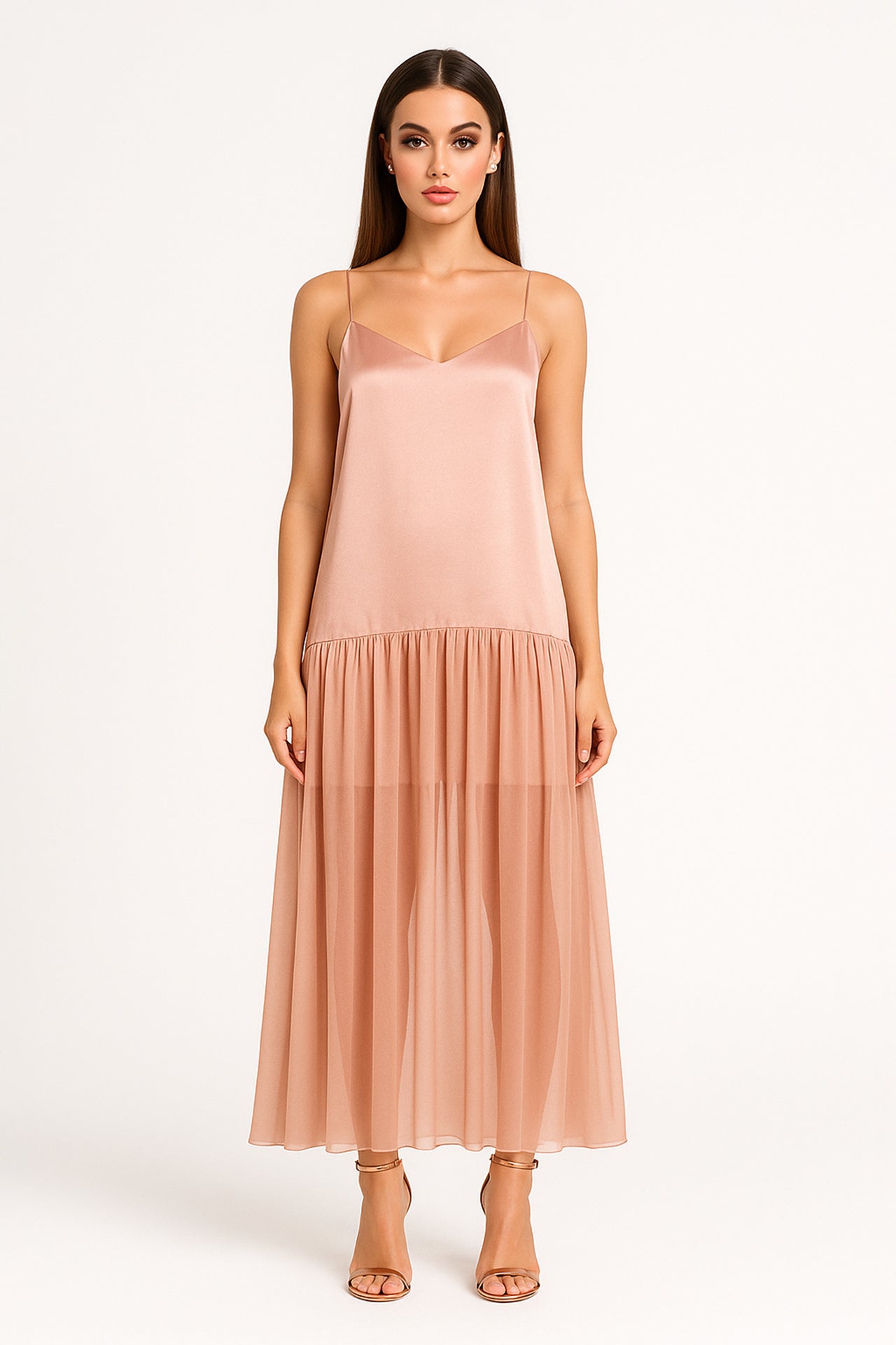 Vestido Fluido em Cetim Combinado