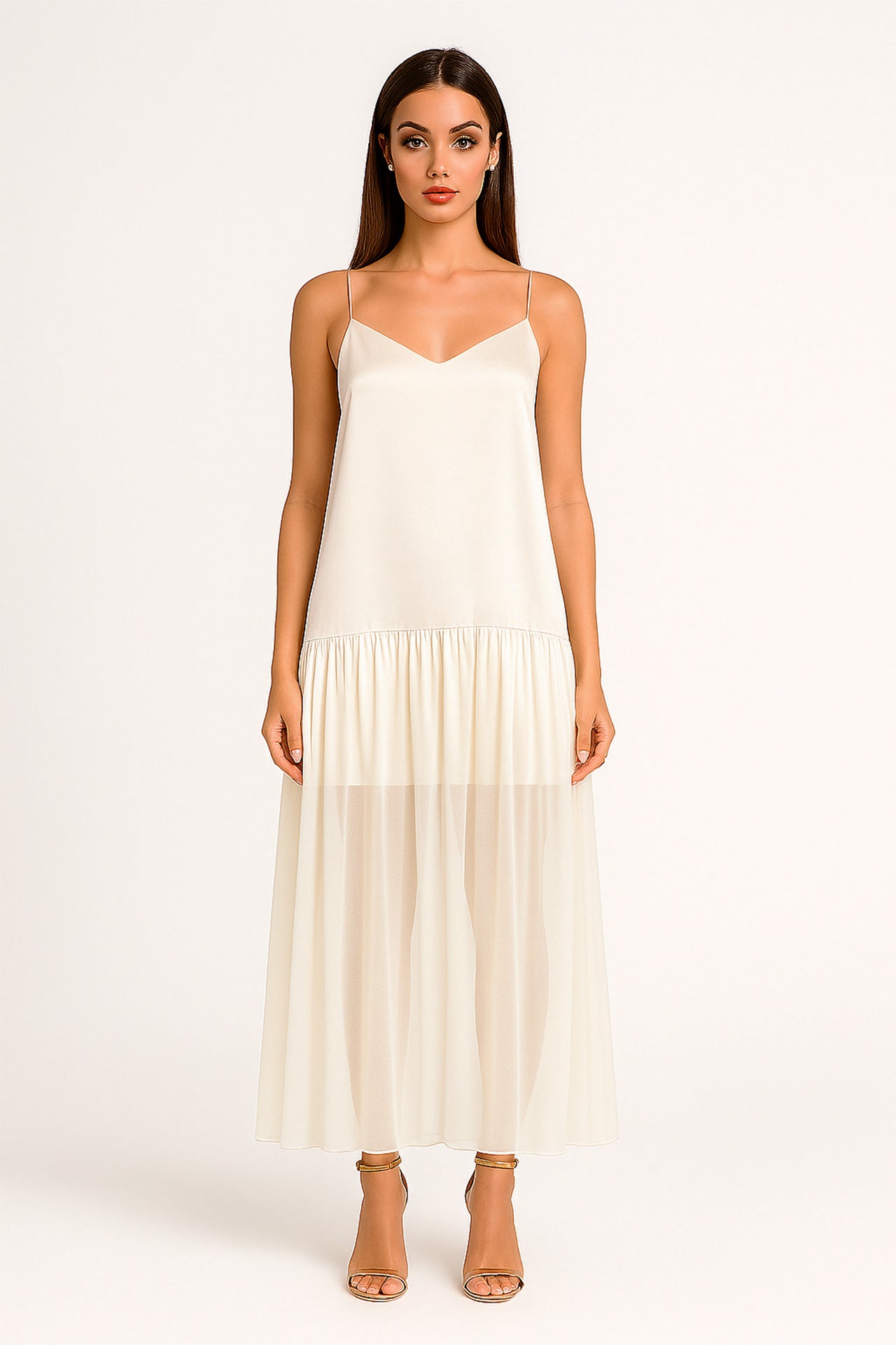 Vestido Fluido em Cetim Combinado