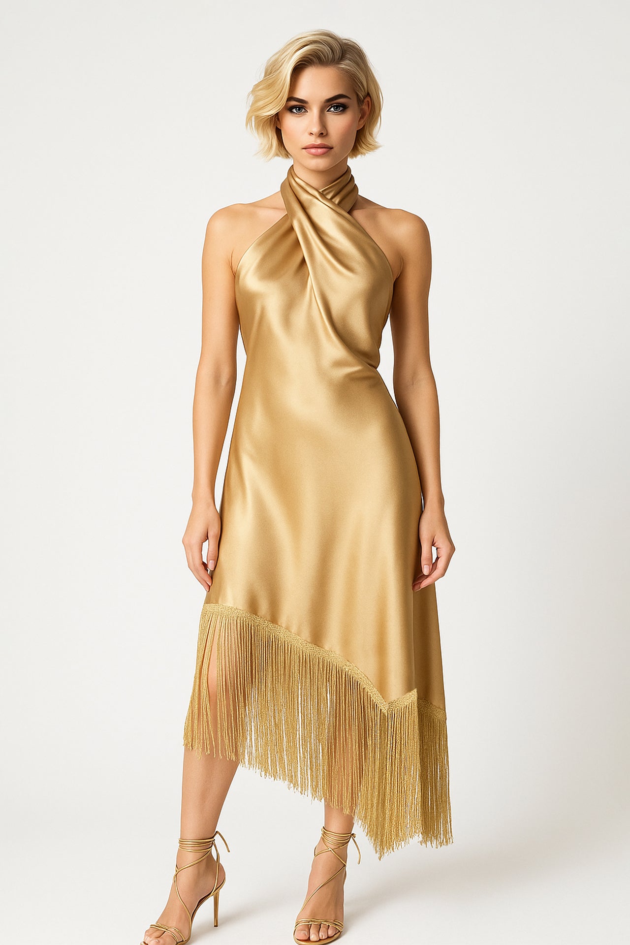 Vestido Midi Acetinado com Franjas  EXCLUSIVO ONLINE