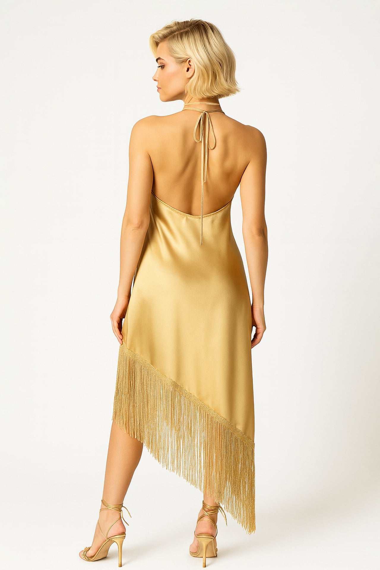 Vestido Midi Acetinado com Franjas  EXCLUSIVO ONLINE