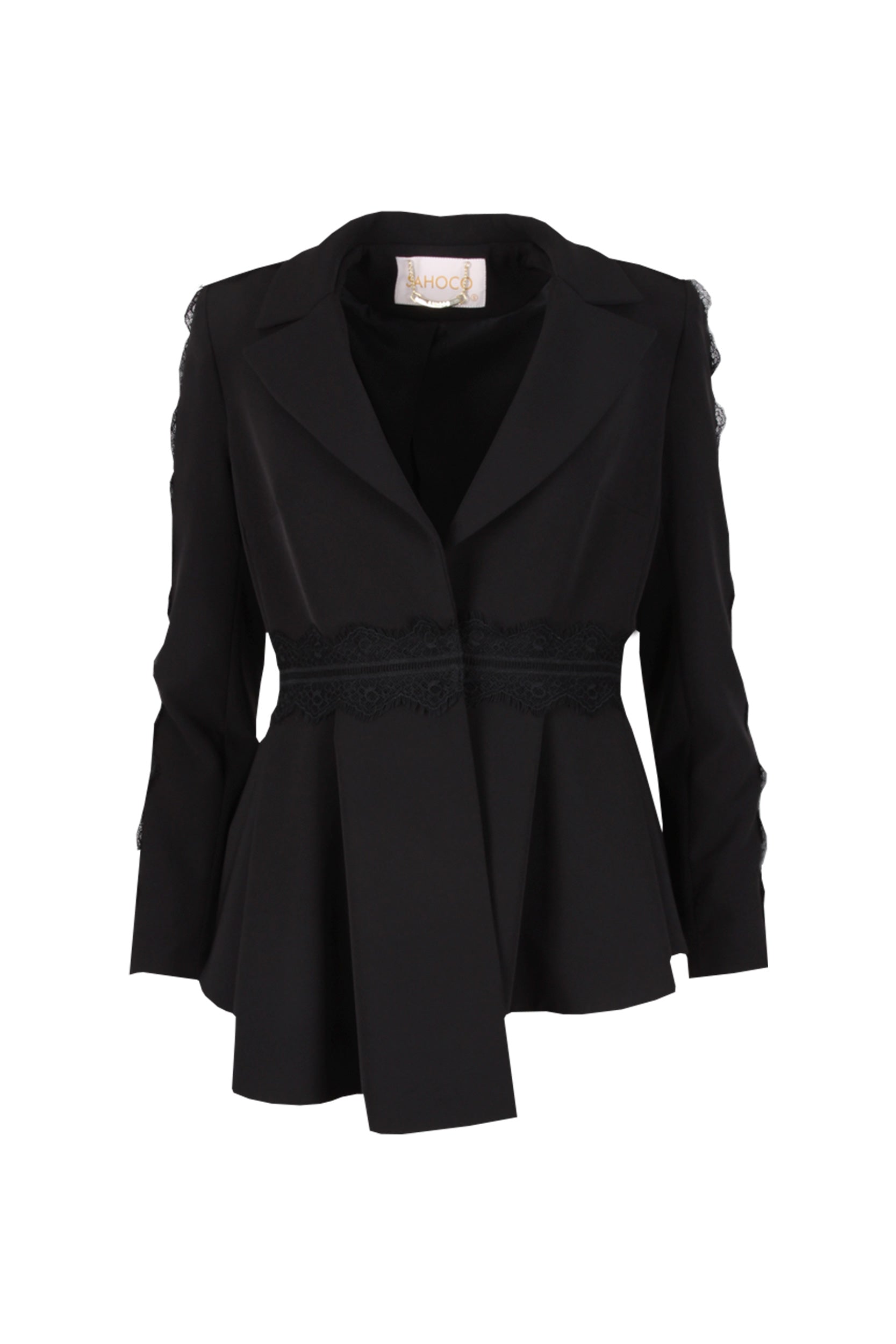 Blazer assimétrico com folhos e renda