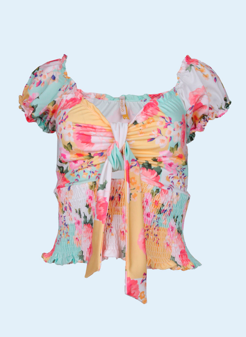 Blusa estampada com franzido e nó