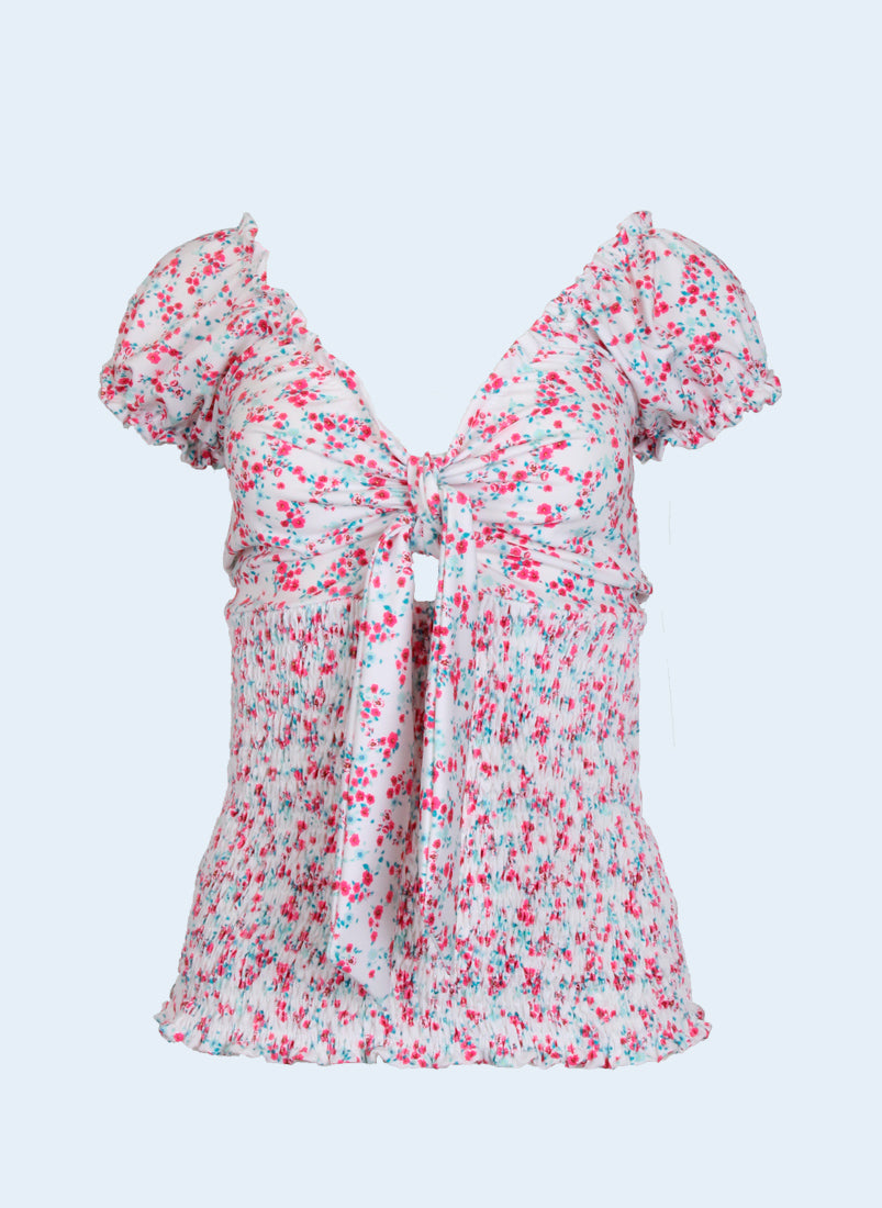 Blusa estampada com franzido e nó