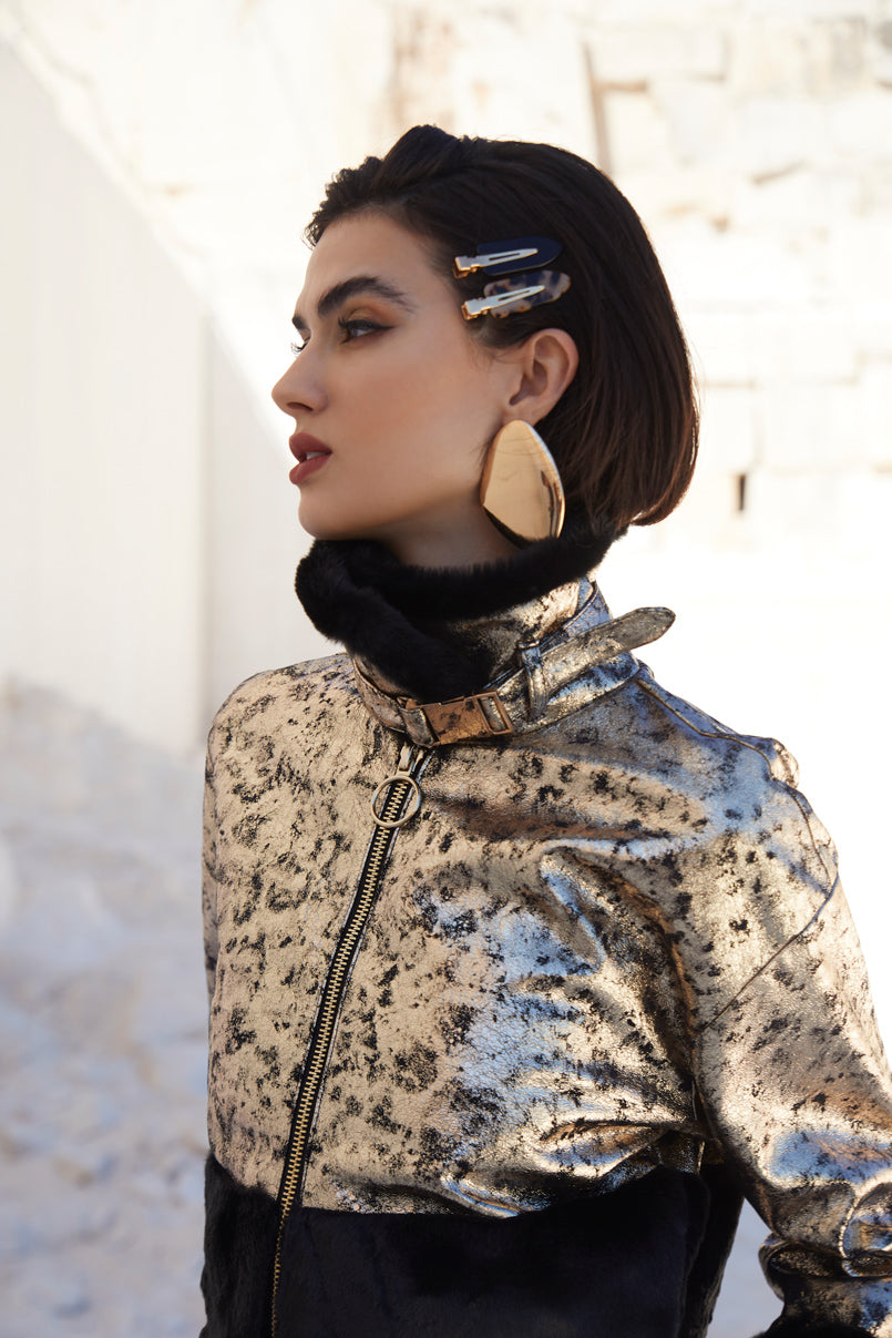 Short nappa leather jacket with fur trim