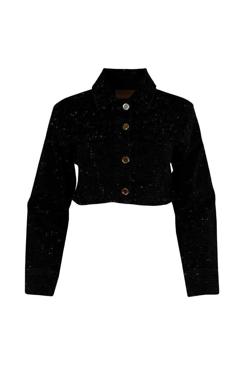 Casaco denim cropped detalhes brilhos