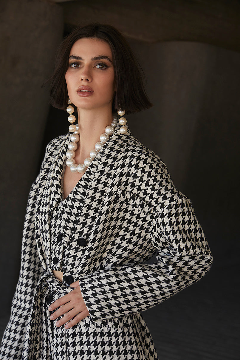 Casaco pied-de-poule com cinto