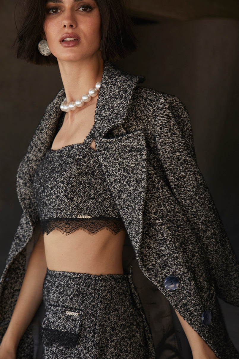 Casaco tweed com cinto