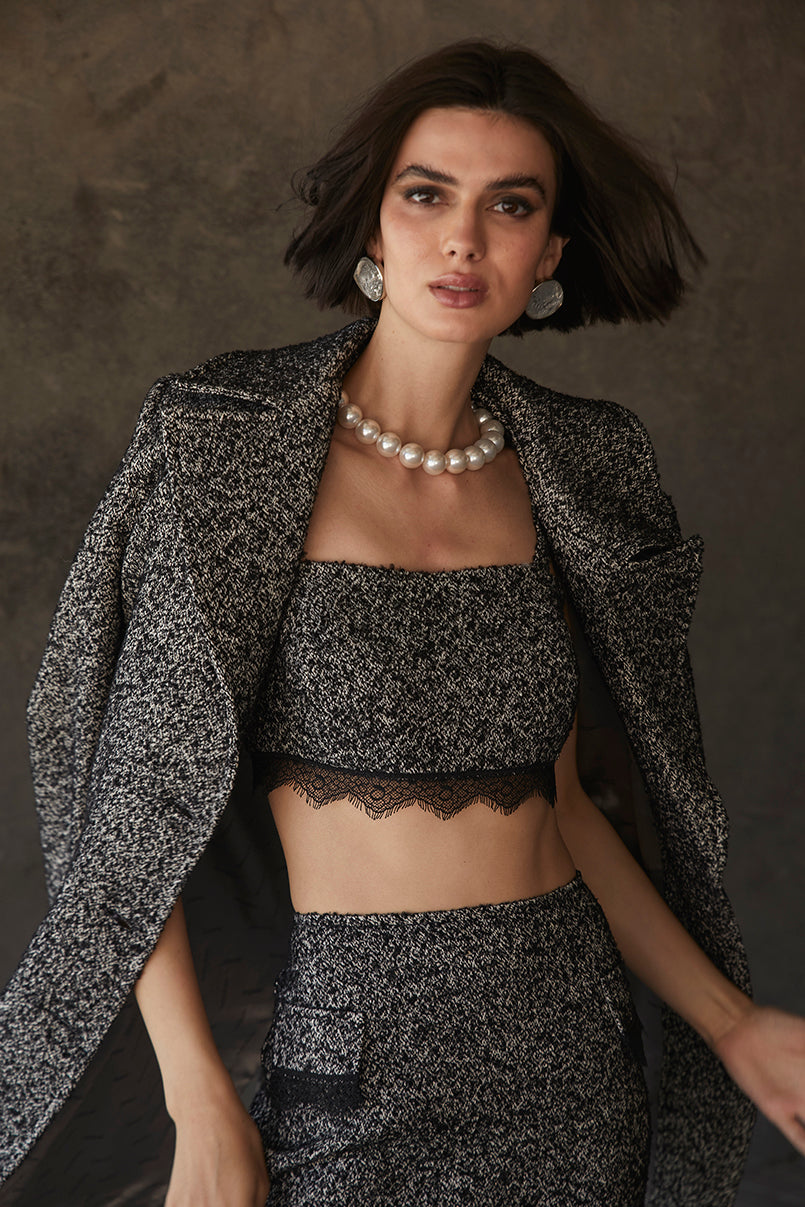 Crop top tweed detalhe renda