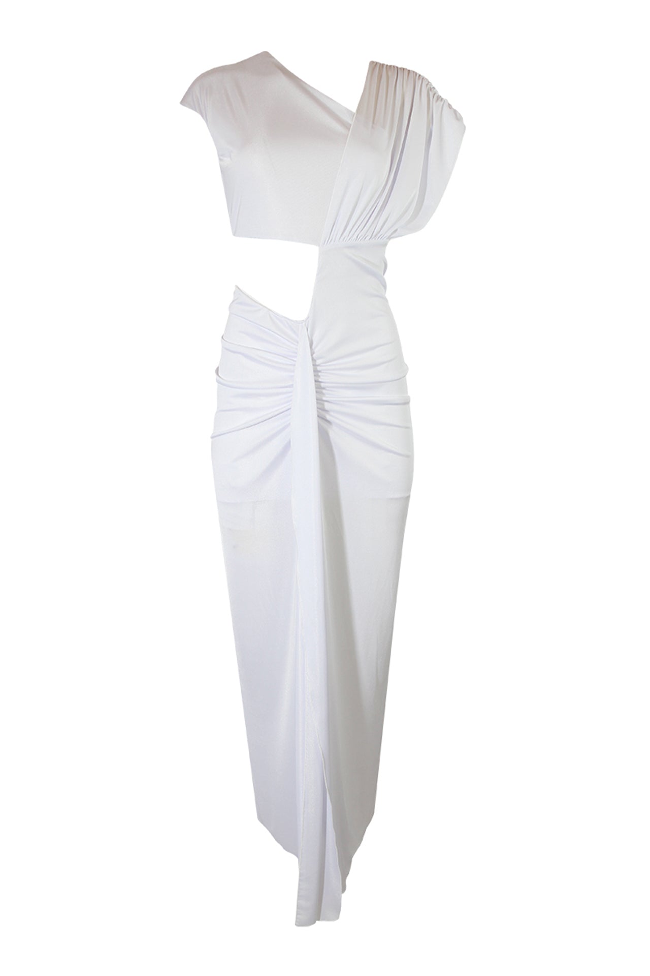 Vestido comprido decote assimétrico