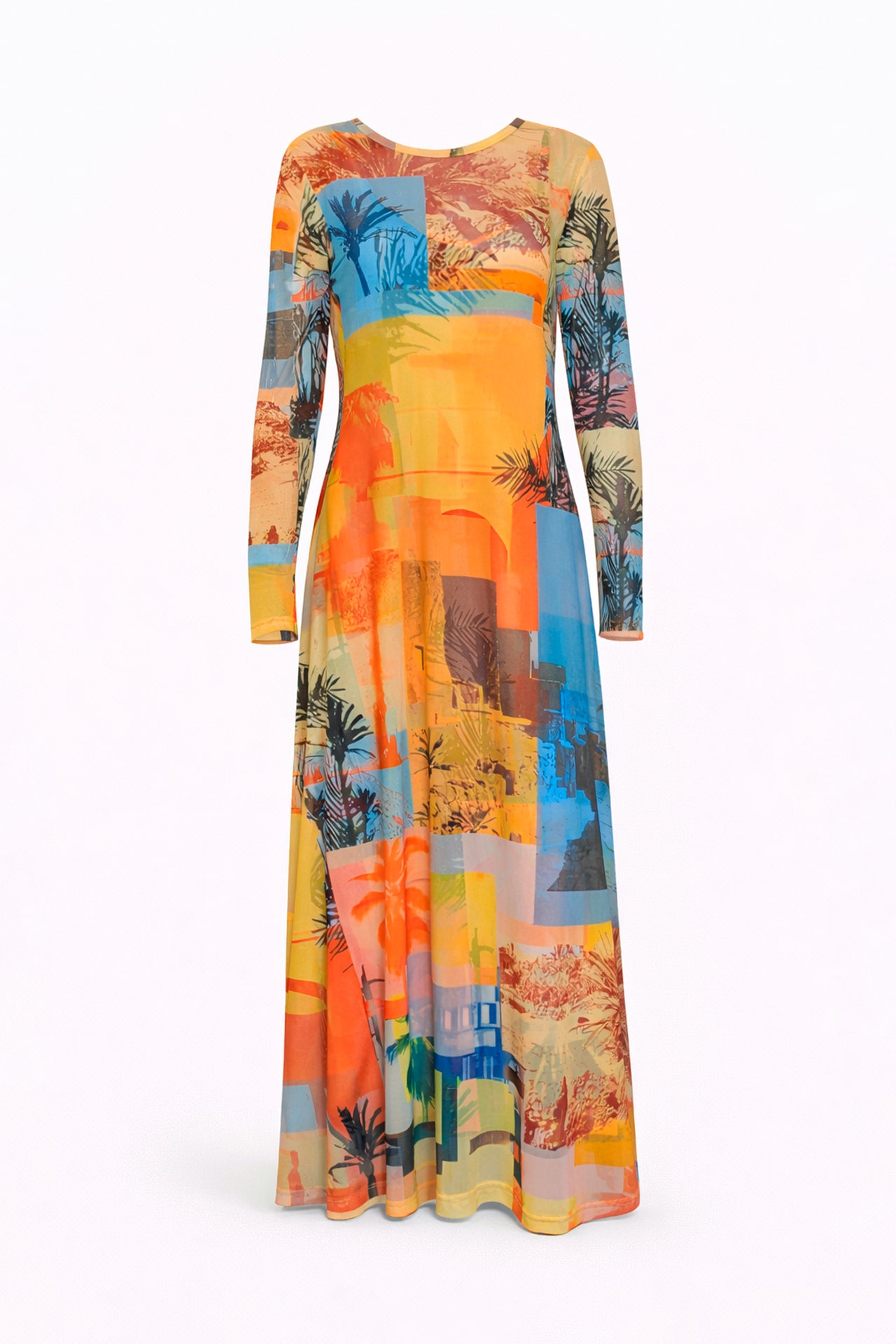 Vestido Comprido Estampado com Manga Comprida