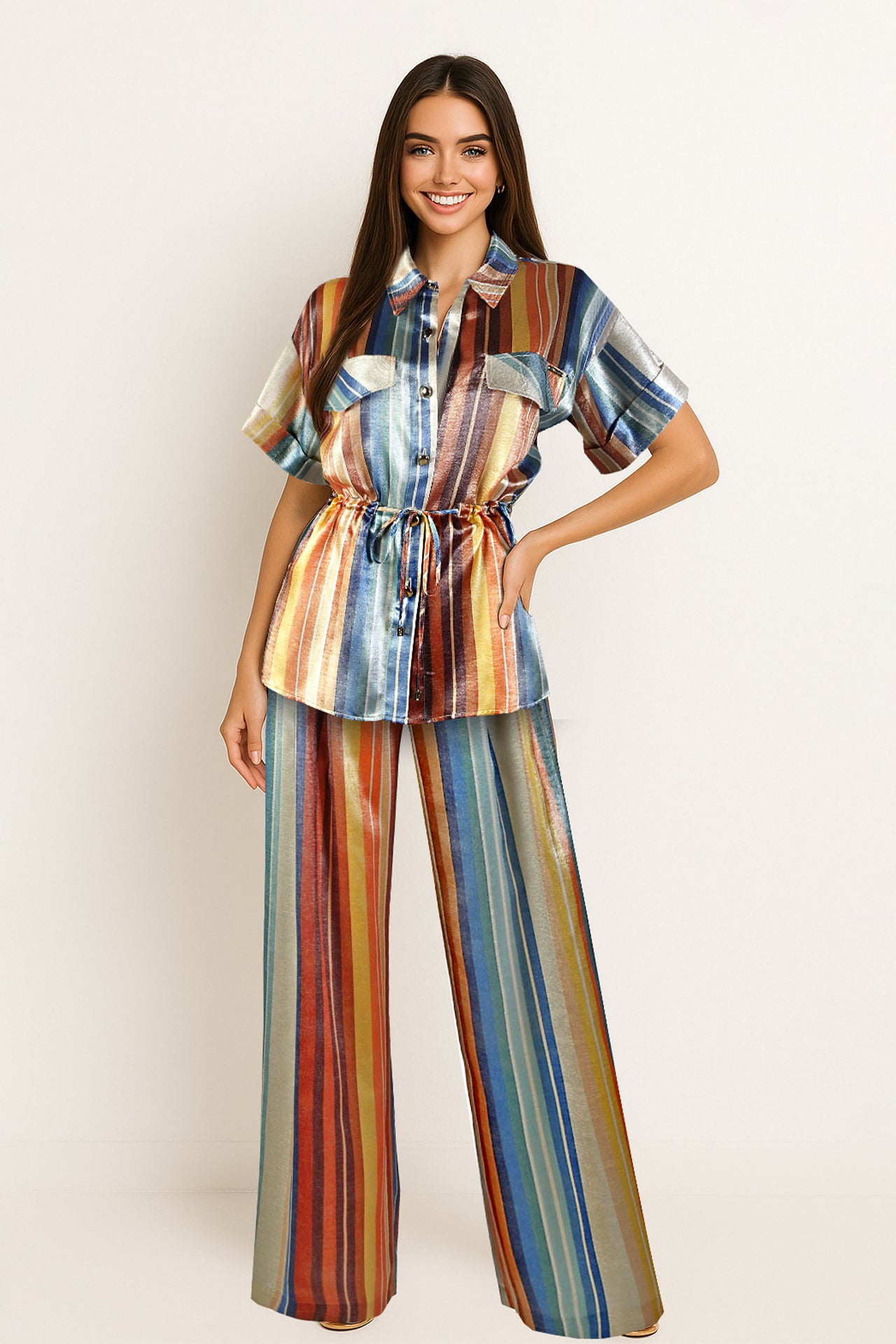 Pantalonas Acetinadas Multicolor e Prateadas