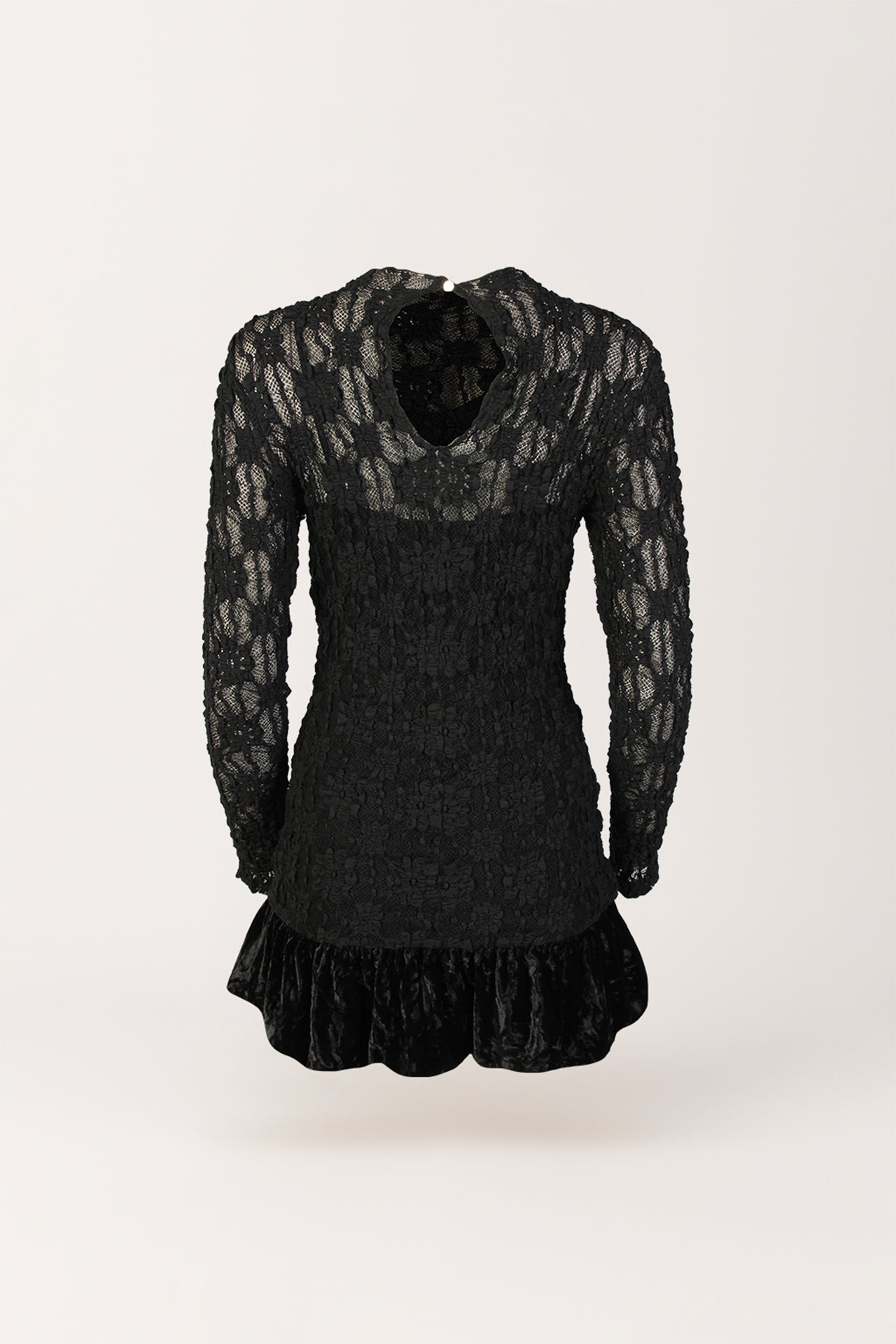 Vestido Curto em Renda com Saia de Veludo Plissado