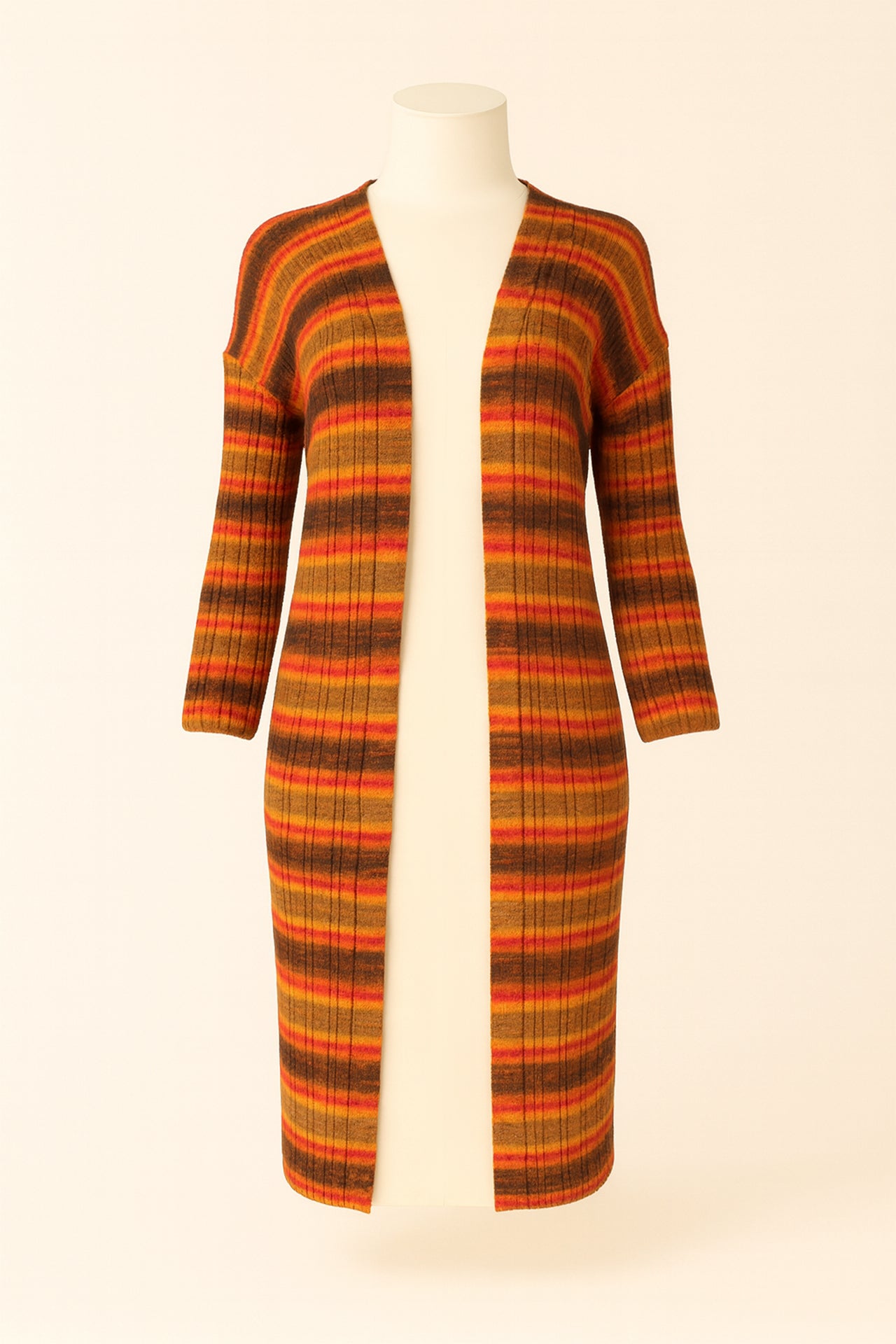 Cardigan Comprido em Malha Canelada com Riscas