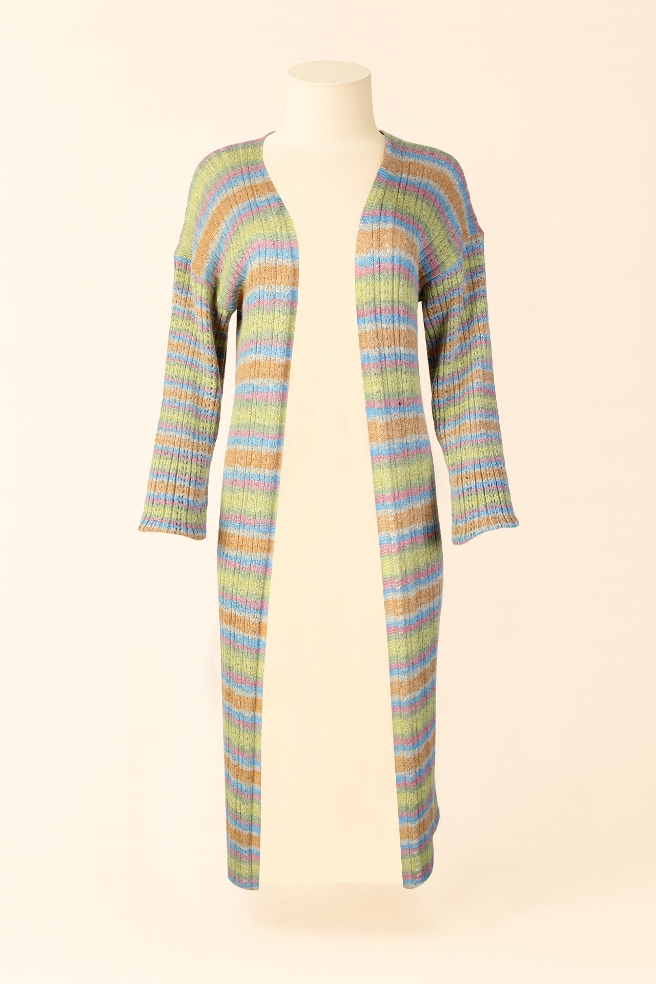 Cardigan Comprido em Malha Canelada com Riscas