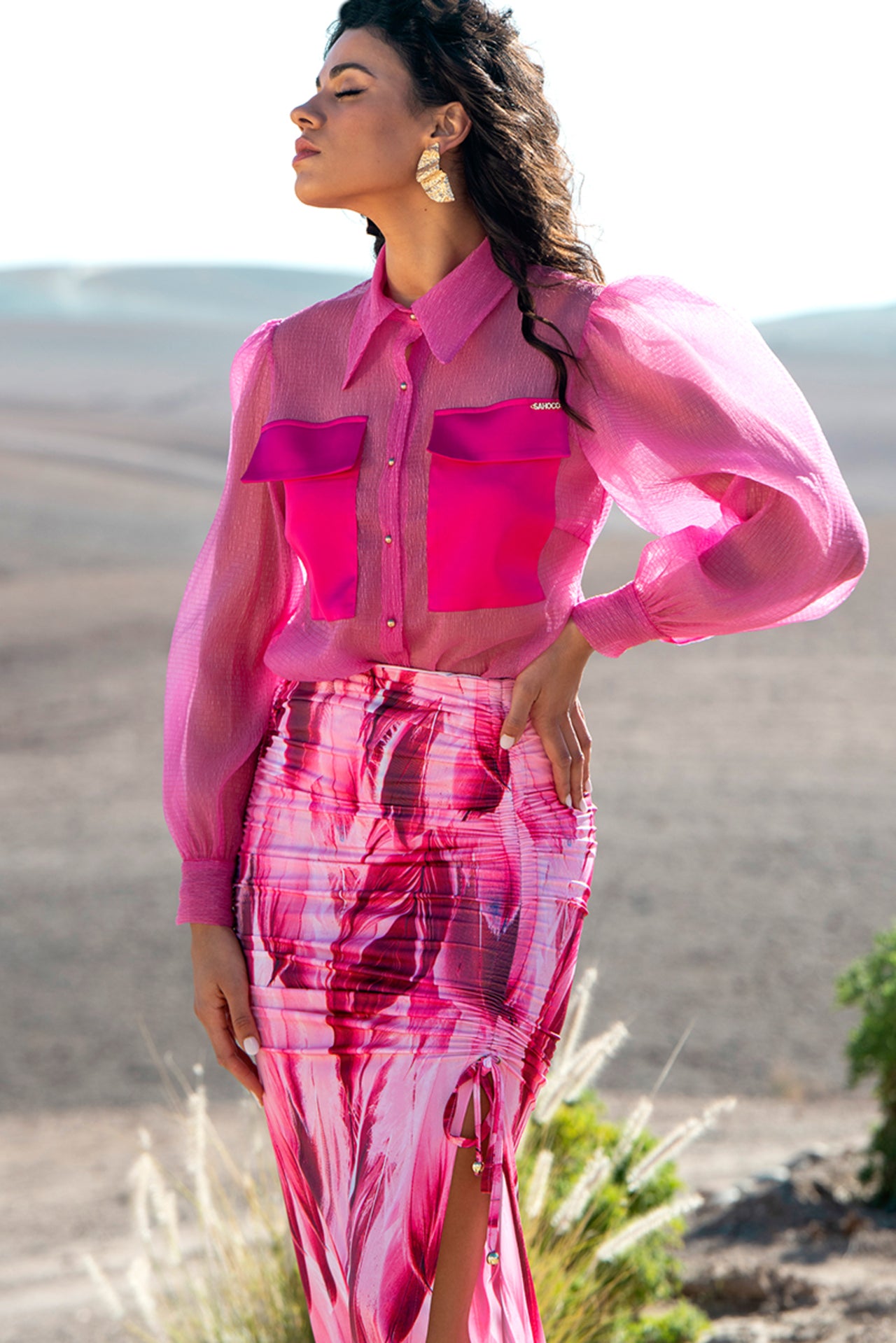 Saia estampada efeito drapeado