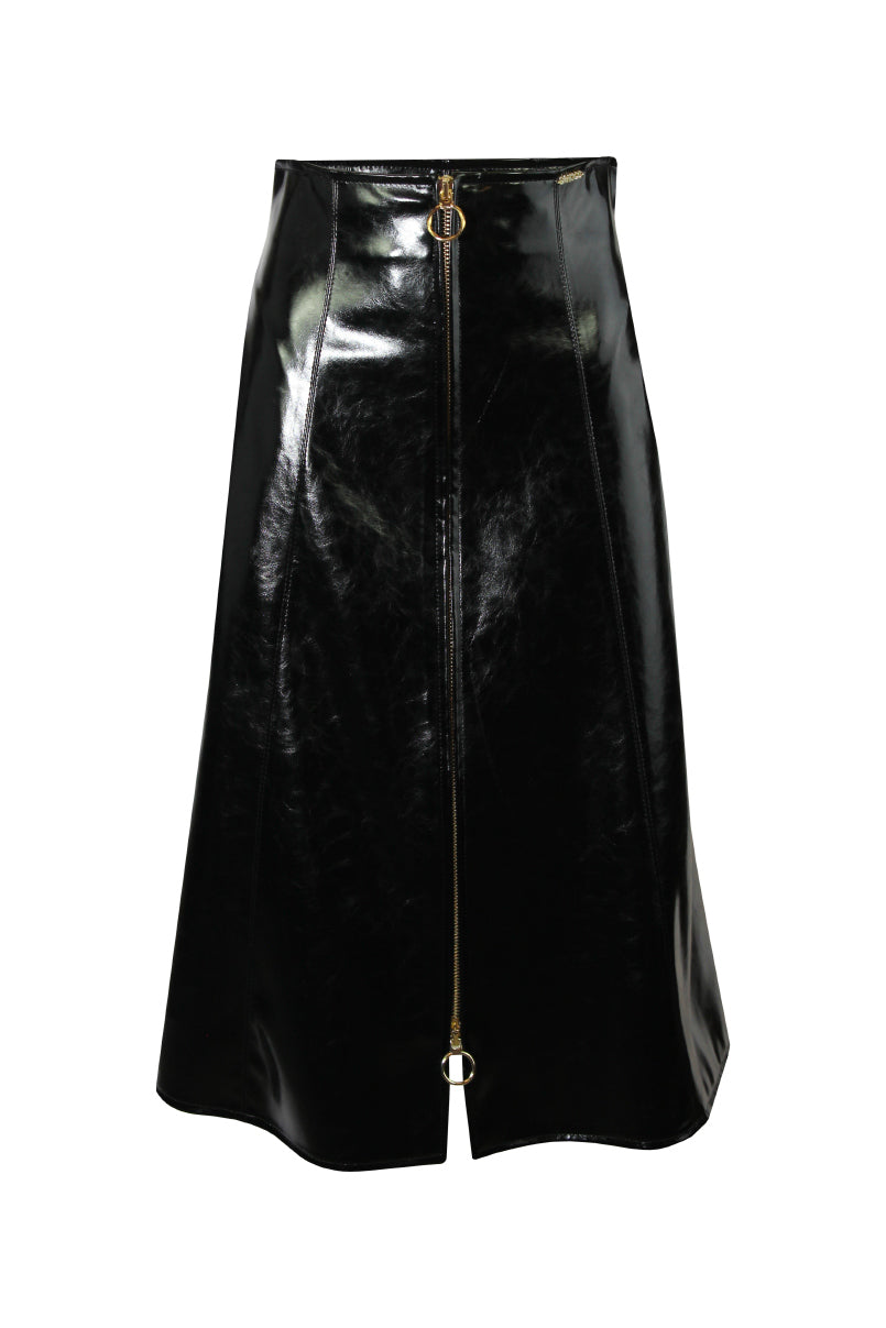 Saia midi evasê efeito vinil