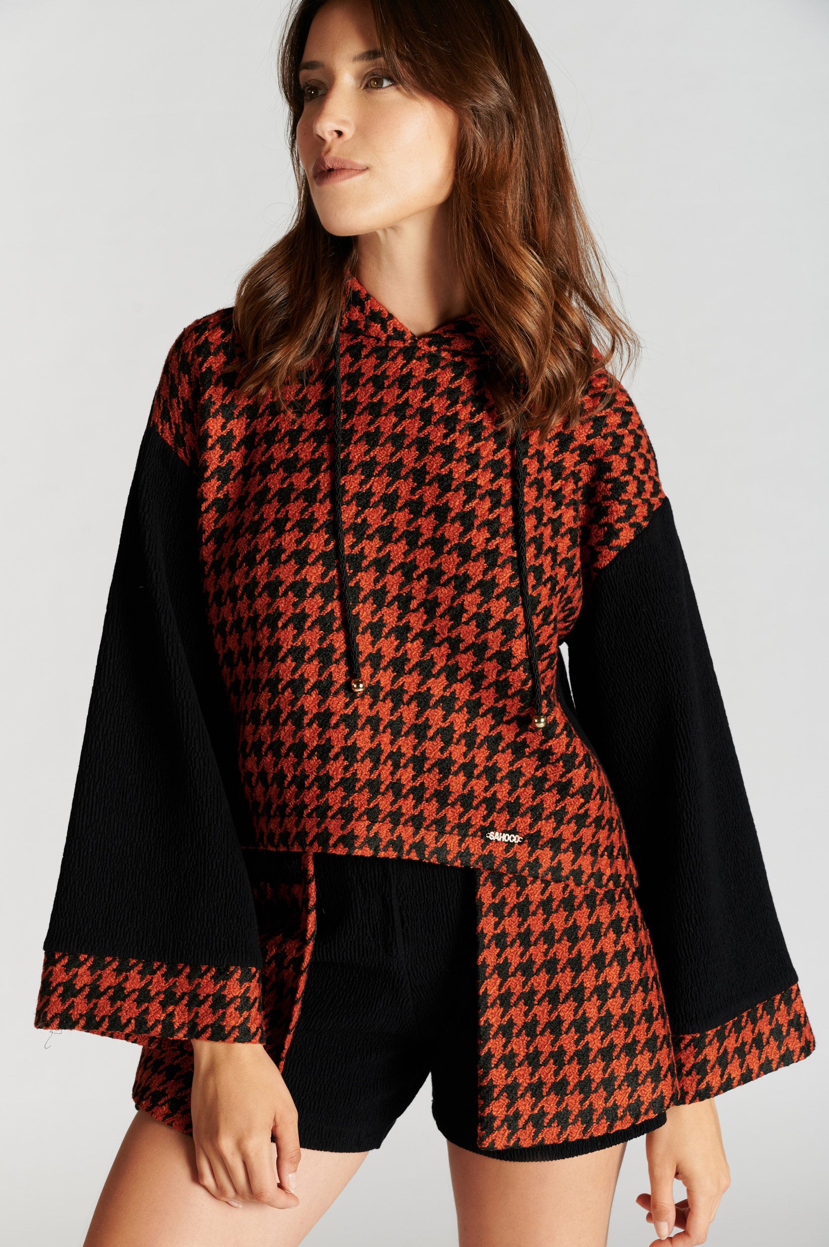 Sweatshirt Pied de Poule com Capuz