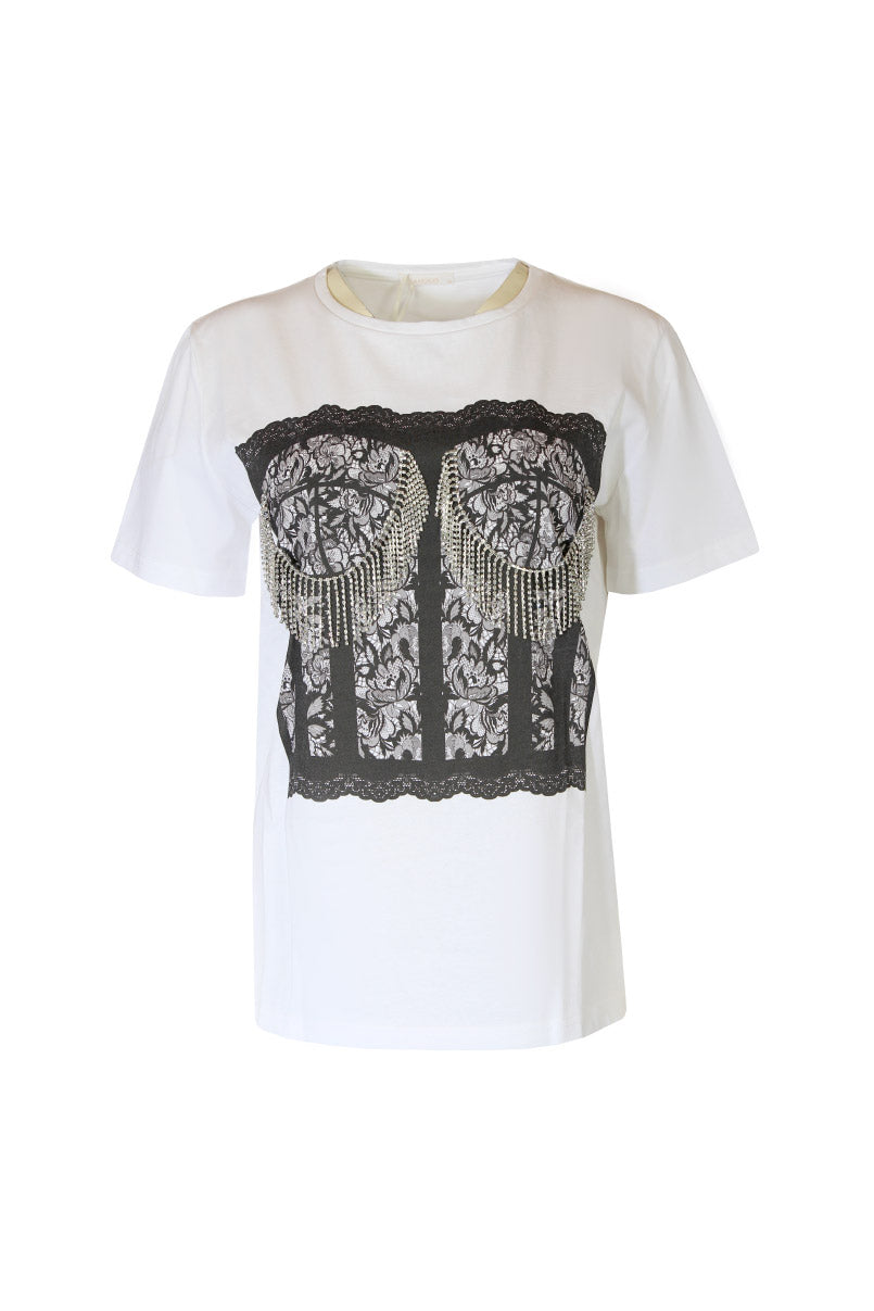T-shirt estampada e strass
