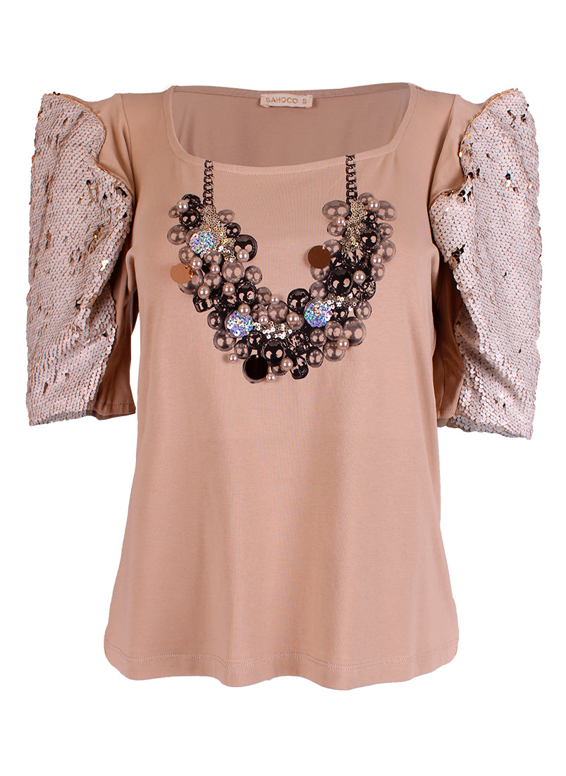 T-shirt mangas com lantejoulas