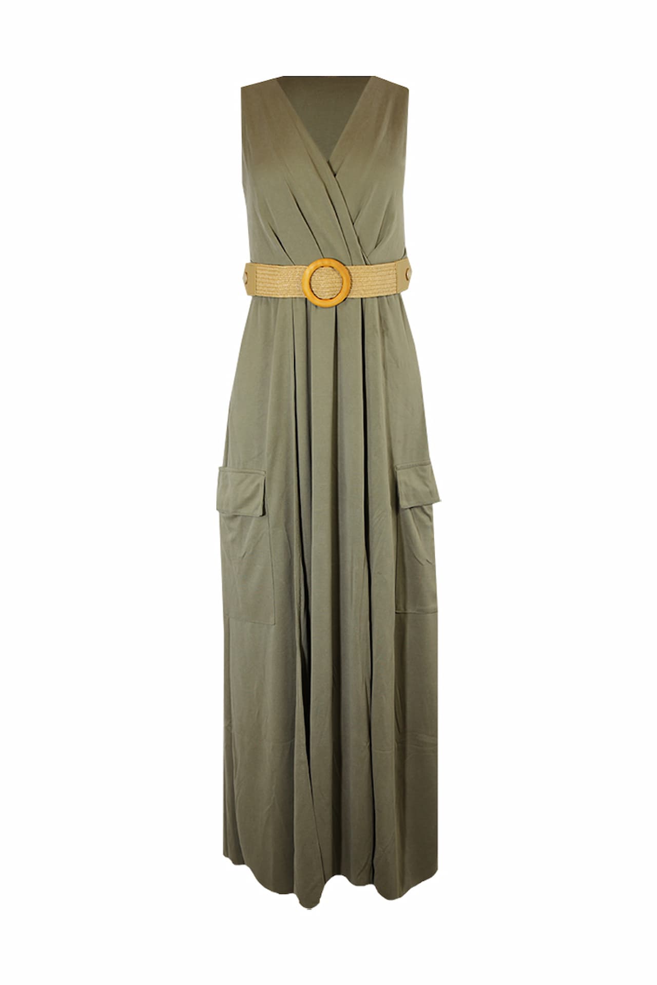 Vestido comprido efeito cruzado com cinto