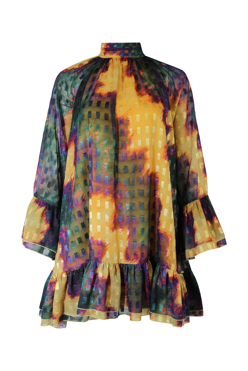 Vestido estampado com folhos