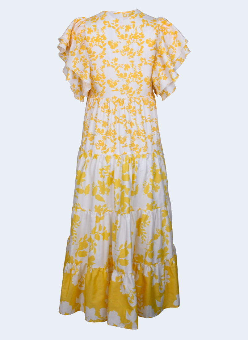 Vestido midi com folhos