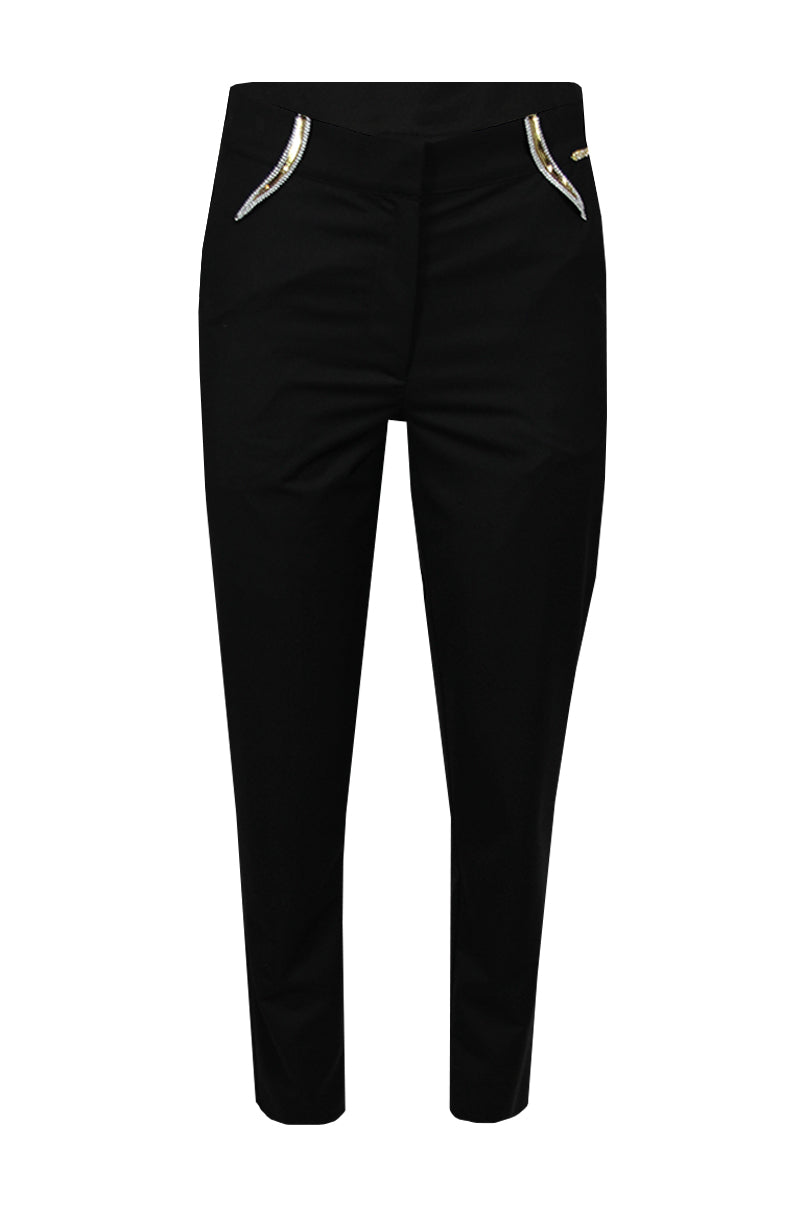 Calças tailoring retas com aplicação em lantejoulas