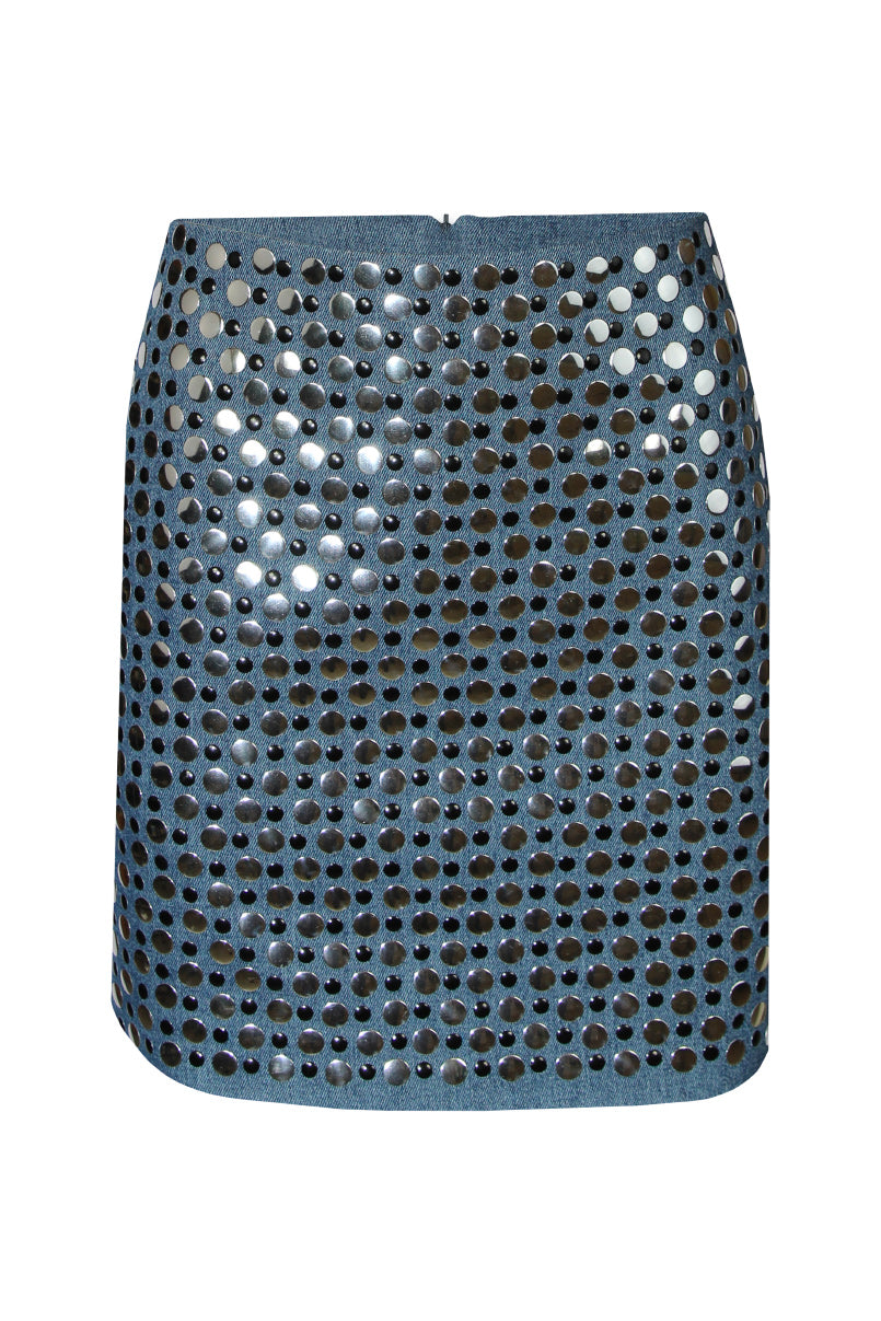 Minissaia denim com tachas