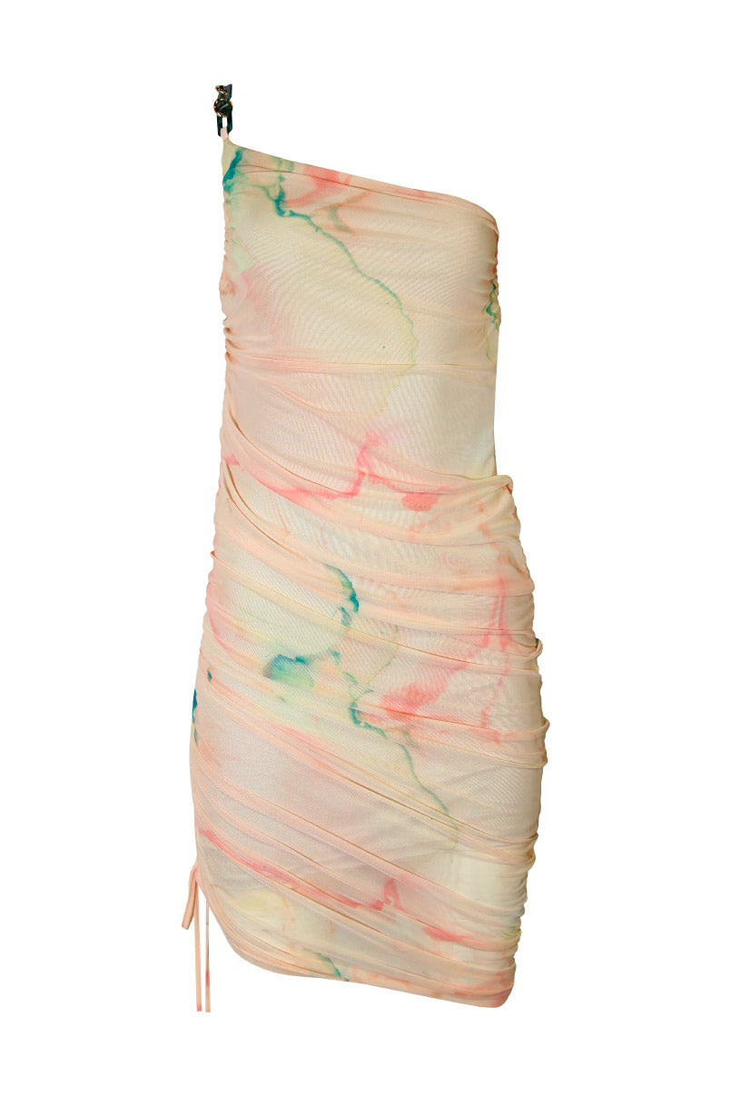 Vestido assimétrico de tule estampado