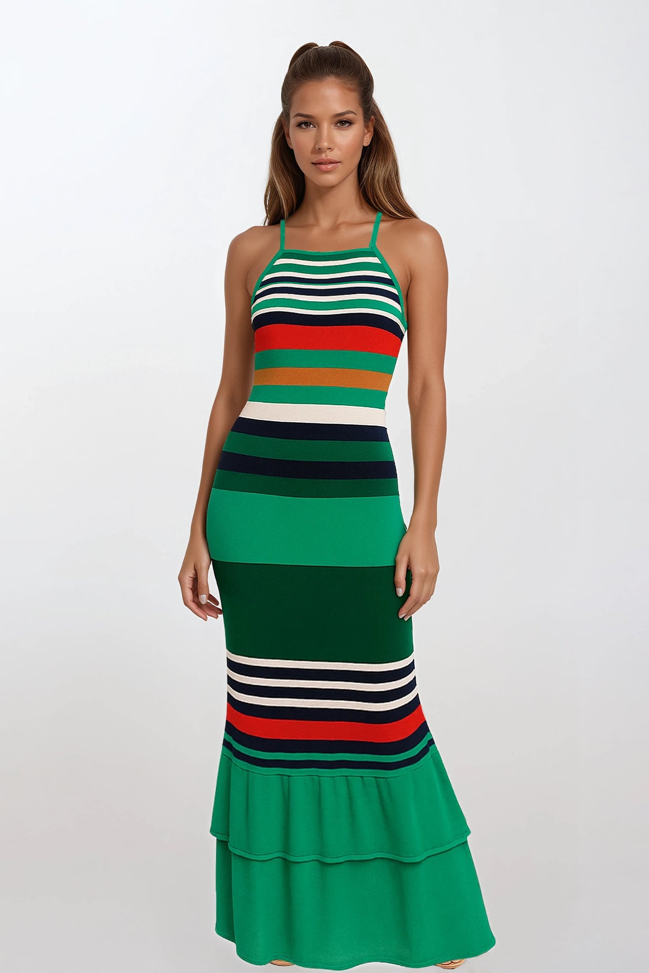 Vestido Comprido às Riscas com Folhos SH x GM