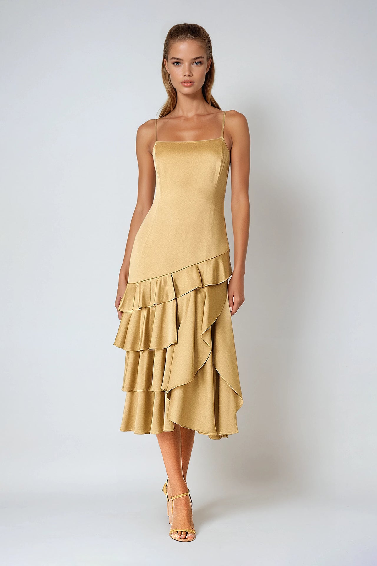 Vestido Midi Assimétrico com Folhos