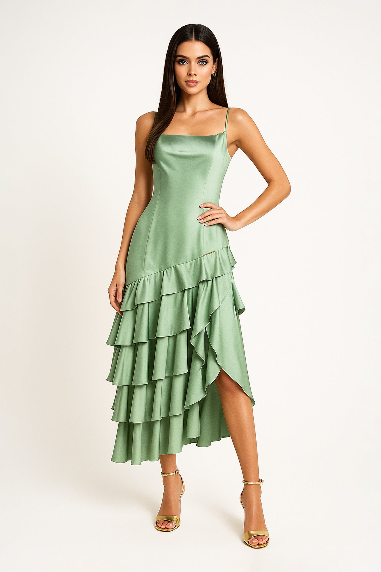 Vestido Midi Assimétrico com Folhos