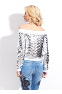 Metallic effect bomber with exposed shoulders