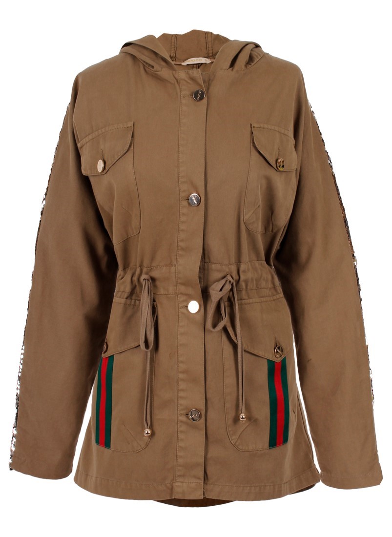 Parka with sequin side bands