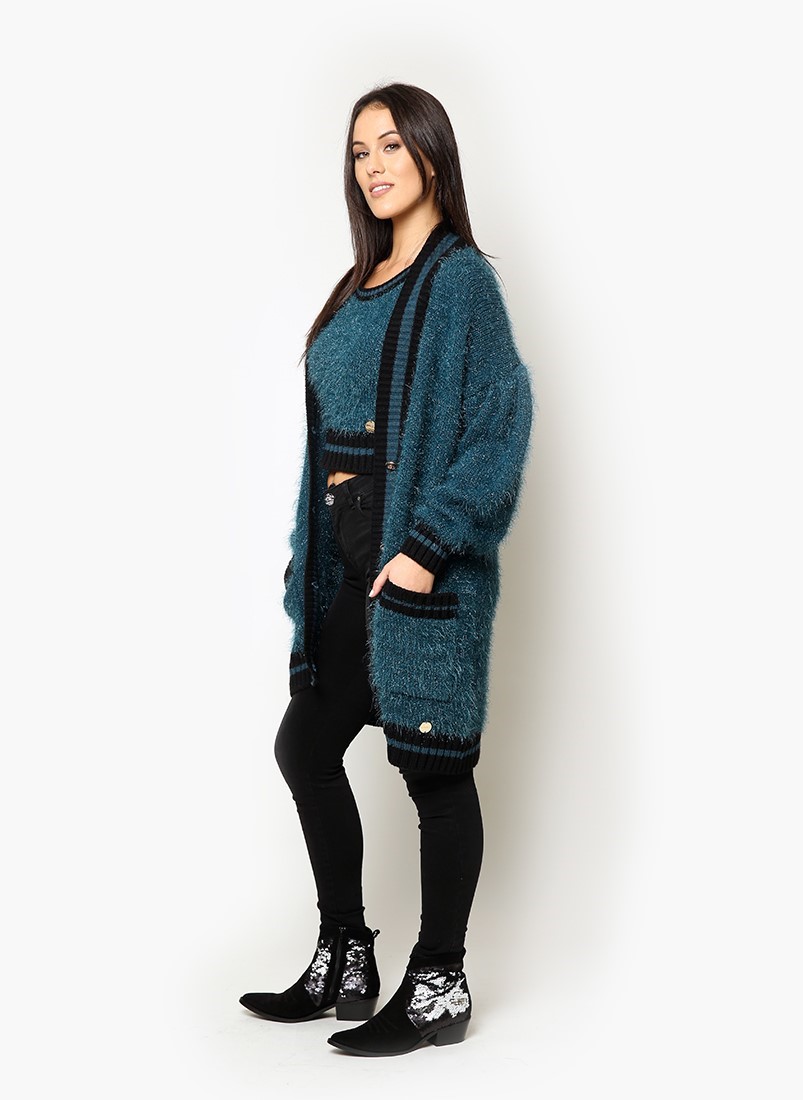 Coat with metallized tricot knit